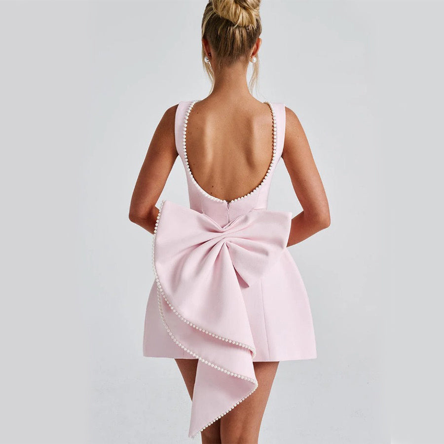 Big-Bowed Pearls Backless Dress Summer Slim Sleeveless A-line Dresses for Party Evening