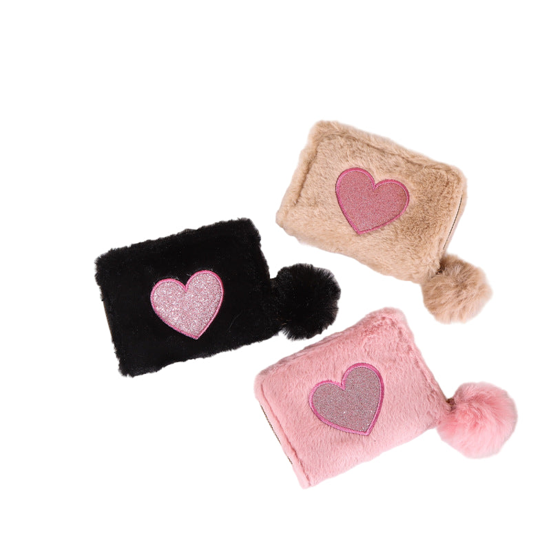 Plush Coin Purse Love Embroidered Zipper