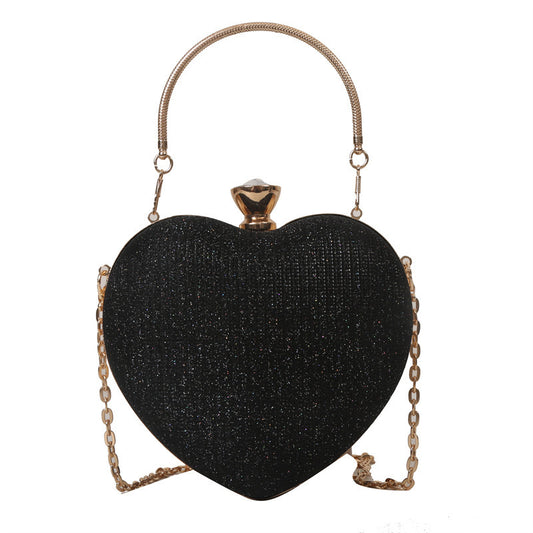 Evening Clutch Shiny Handbag Heart Shape Metal Chain Shoulder Crossbody Purse