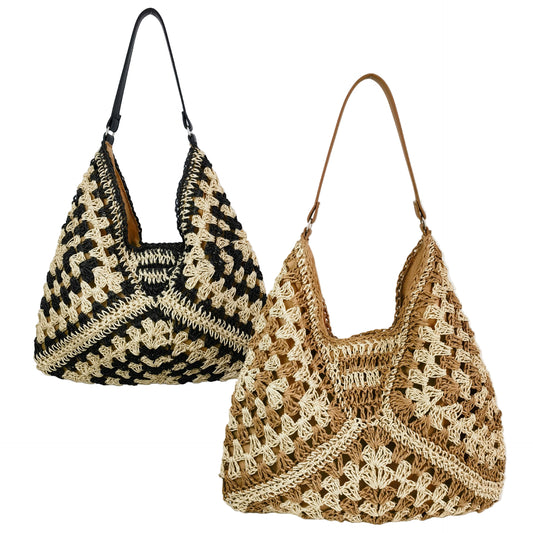 Handmade Straw Woven Hollow Contrast Color Weave Shoulder Bag