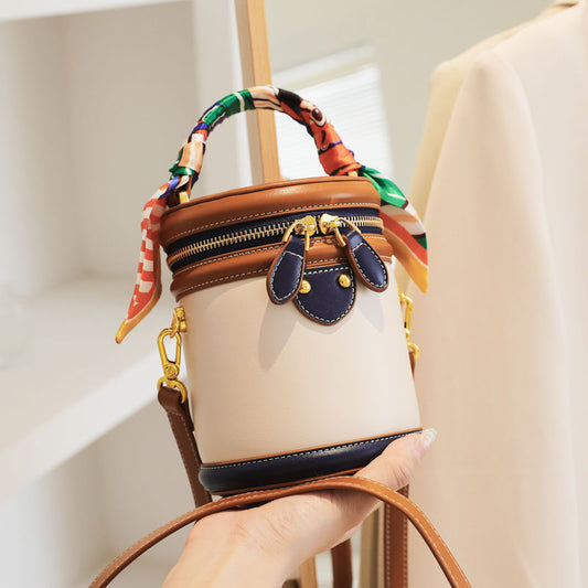 Colorblock Shoulder Cylinder Bucket Bag, Scarf Decor Top Handle Bag
