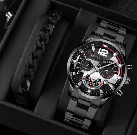 Popular Steel Strip Fashion Business Three Eye Quartz Watch Set Gifts
