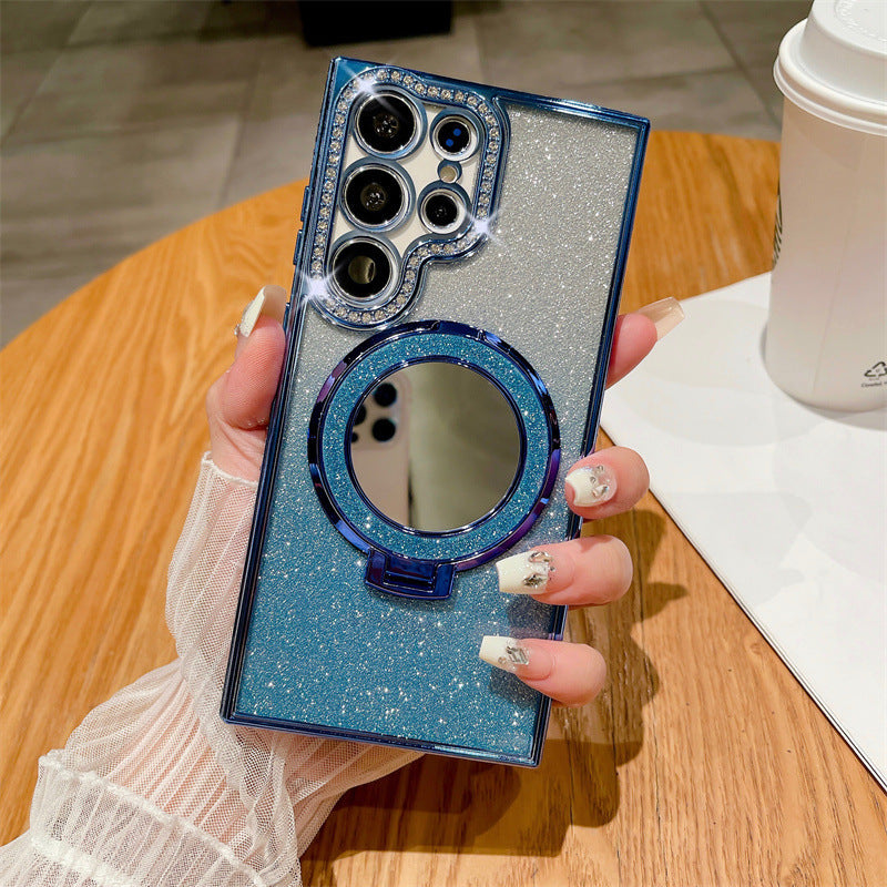 Rhinestone Glitter Magnetic Suction Mirror Bracket Drop-resistant Soft Case