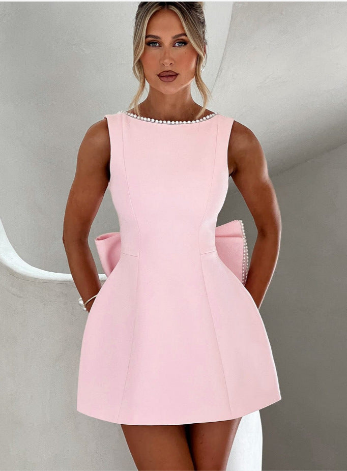 Big-Bowed Pearls Backless Dress Summer Slim Sleeveless A-line Dresses for Party Evening
