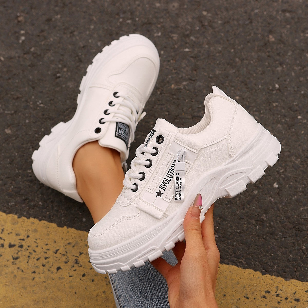 Lace-up Sports Shoes with Side-Zipper Design Round-toe Casual Shoes