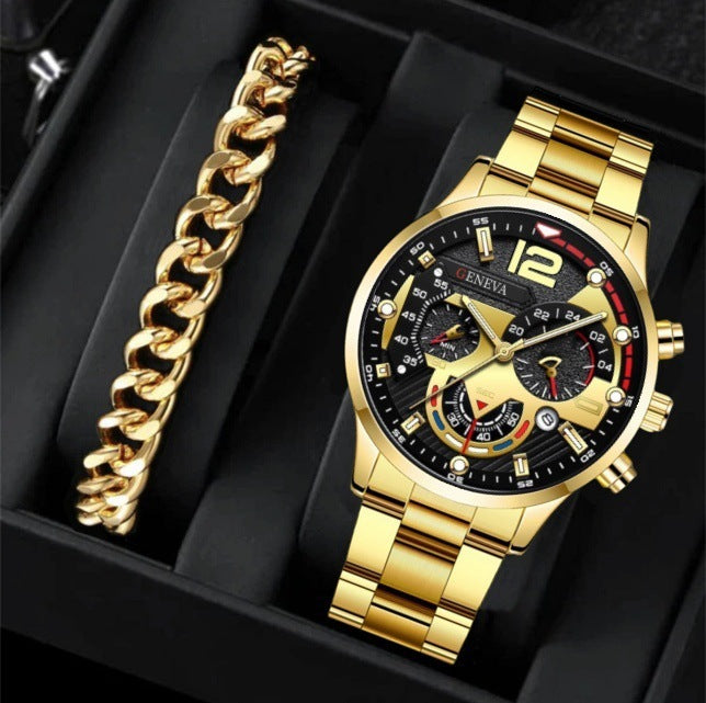 Popular Steel Strip Fashion Business Three Eye Quartz Watch Set Gifts