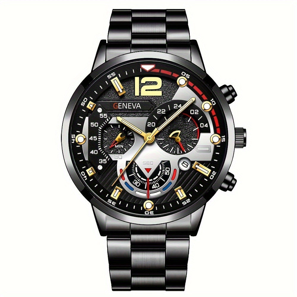 Popular Steel Strip Fashion Business Three Eye Quartz Watch Set Gifts