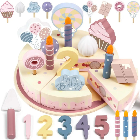 Wooden Kids Birthday Cake Toy Pretend Play Cutting Food Game Children Role Play