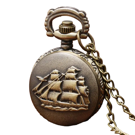 Vintage Bronze Retro Bronze Sailboat Design Small Size Quartz Pocket Watch