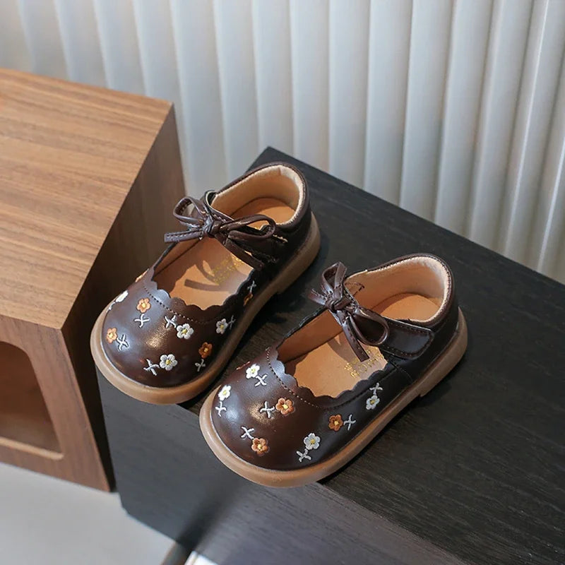 Toddler Girl's Flower Vintage Ruffles Beige Brown Kids Leather Shoe