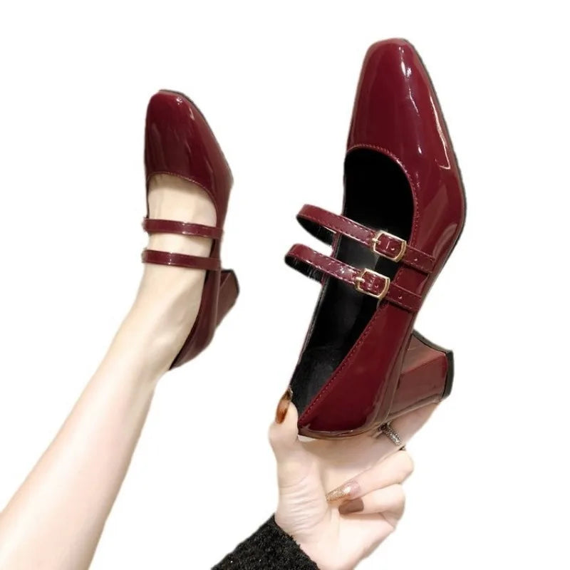 Women Double Buckle Mary Janes Patent Leather Dress Shoes High Heels Pumps Retro