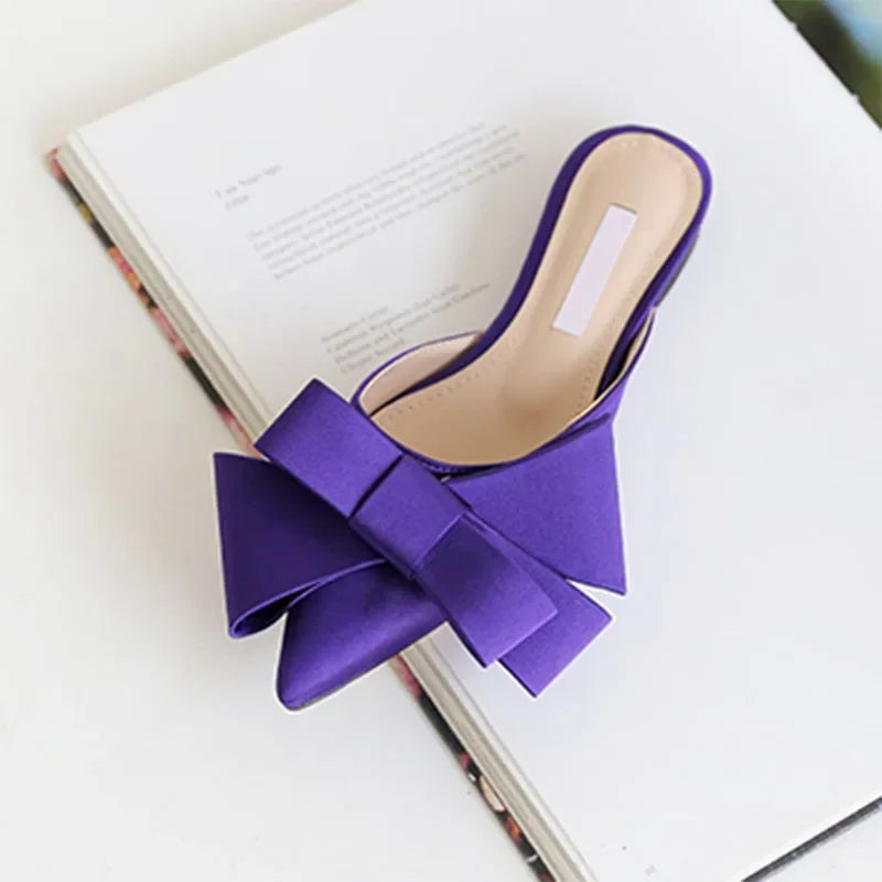 Women's Shoes Korean Silk Satin Pointed Bow Tie Slippers Baotou Flat Heel