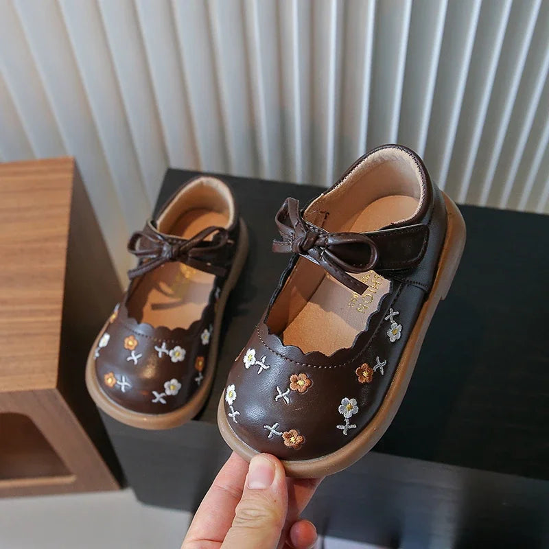 Toddler Girl's Flower Vintage Ruffles Beige Brown Kids Leather Shoe