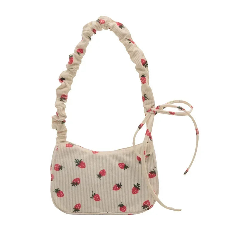 Corduroy Handbag Cute Strawberry Print Little Tote Half Moon Design Eco Cloth Purse