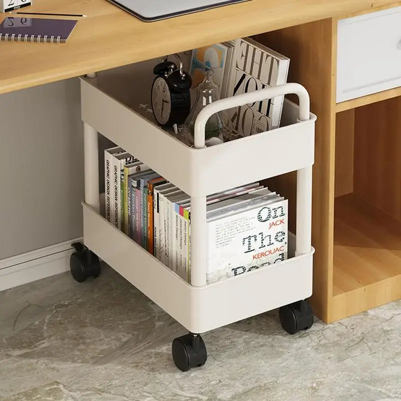 Under Table Storage Shelf with Wheel 2-Layer Movable Bookshelf Cart