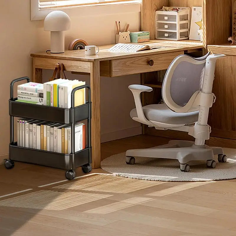 Under Table Storage Shelf with Wheel 2-Layer Movable Bookshelf Cart