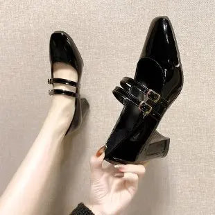 Women Double Buckle Mary Janes Patent Leather Dress Shoes High Heels Pumps Retro
