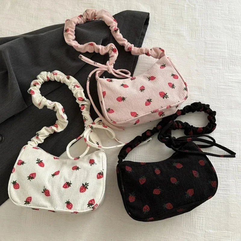 Corduroy Handbag Cute Strawberry Print Little Tote Half Moon Design Eco Cloth Purse