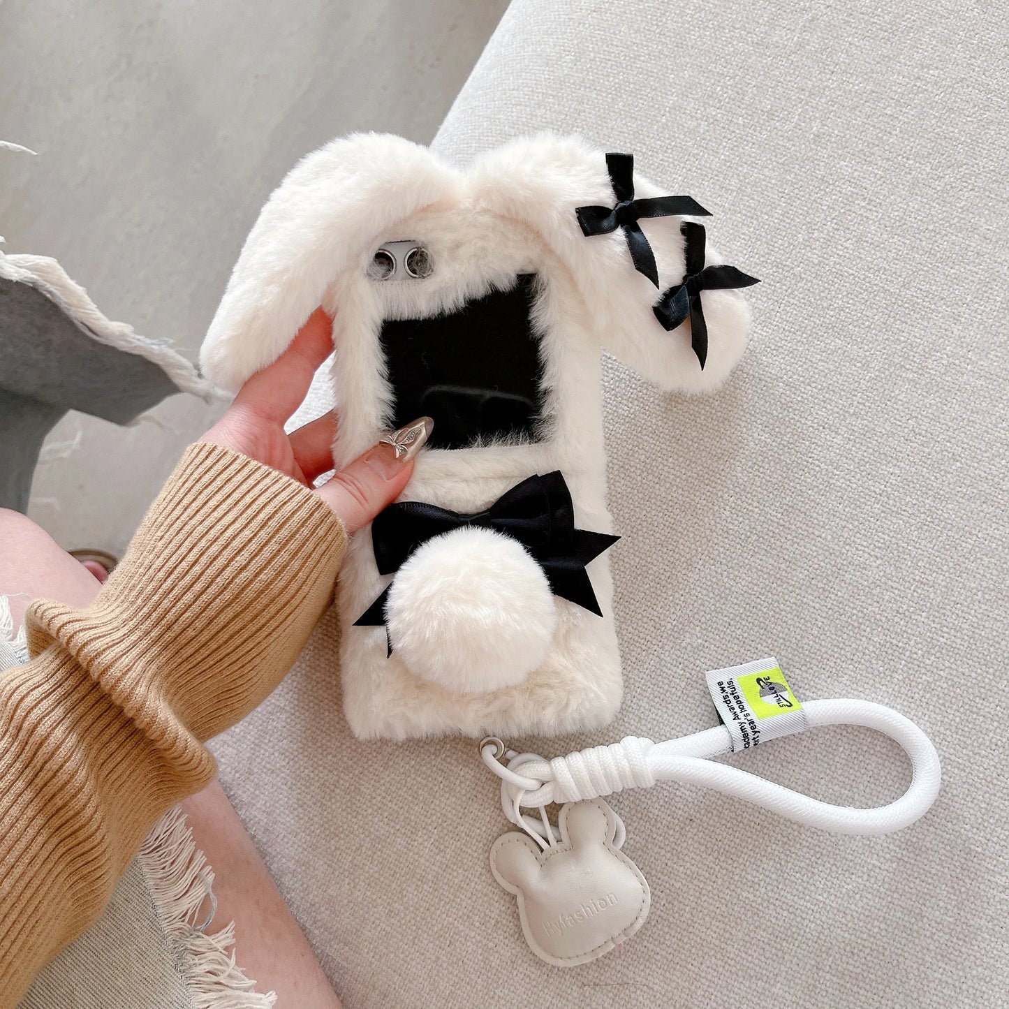 Bunny Folding Plush Phone Case with Lanyard Kawaii for Galaxy Z Flip