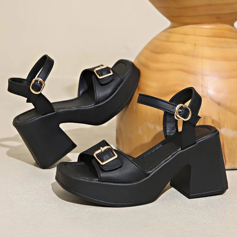 Sole sandals solid color casual shoes one line buckles high heel sandals
