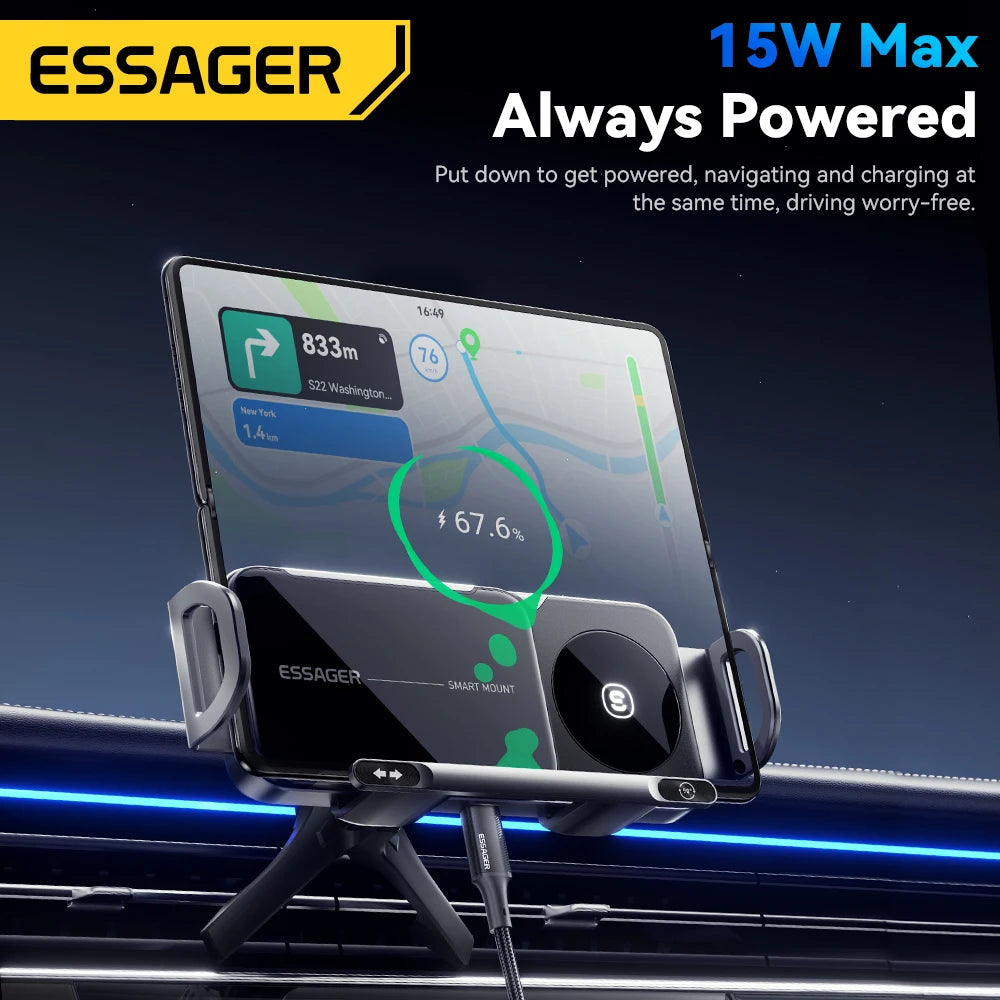Essager 15W Car Wireless Charger Dual Coil One-Touch Rotatable Car Phone Holder