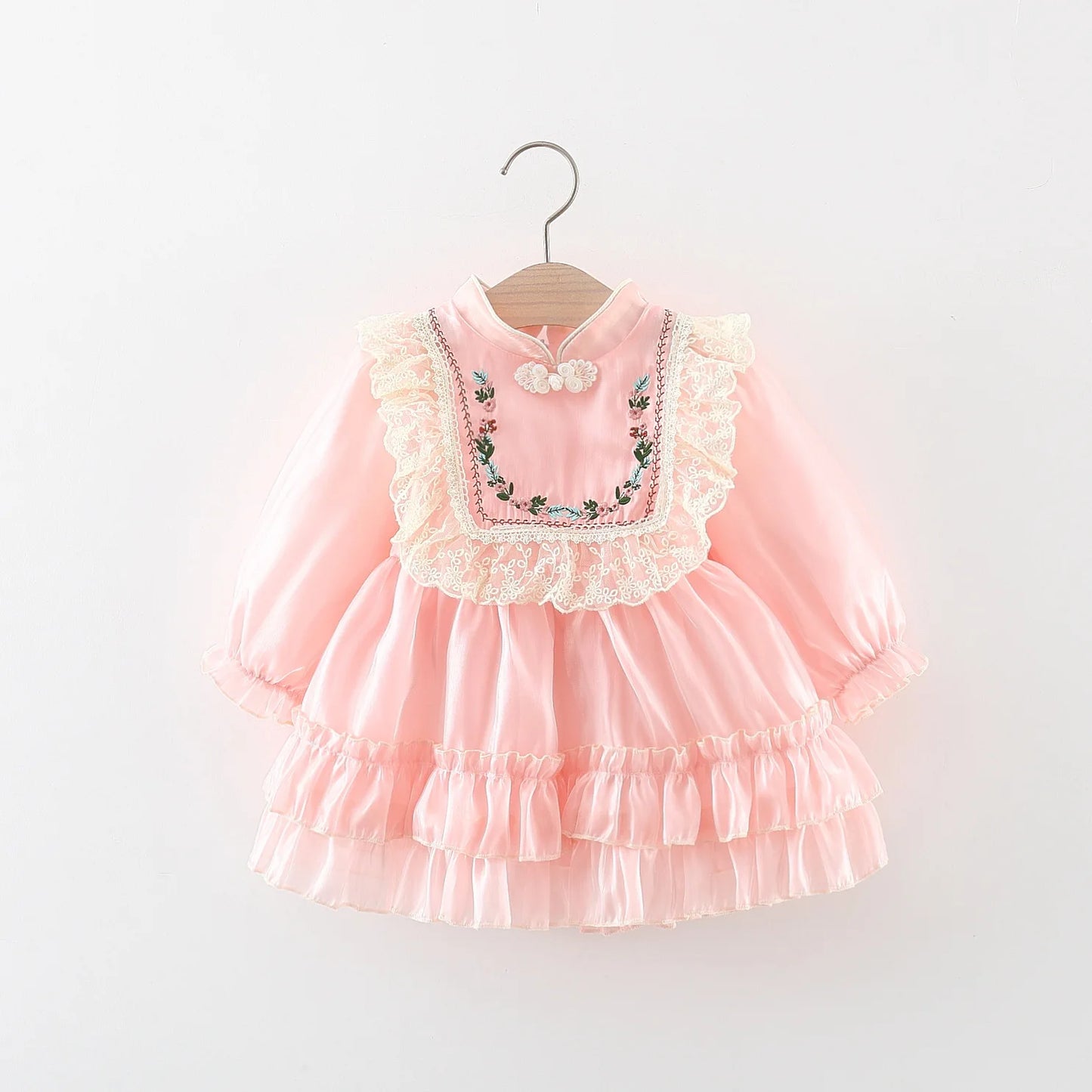 Lace Princess Dress with Embroidered Pan Button Chinese Style Baby Dress