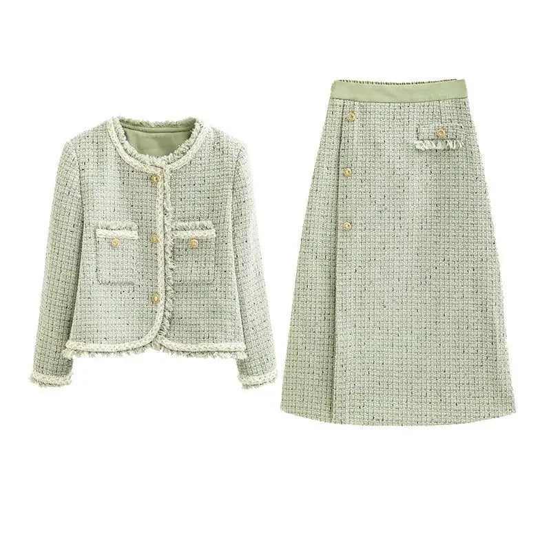 Elegant Tweed Tassel Long Sleeve Jacket Coat + High Waist Skirt
