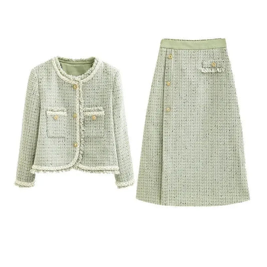 Elegant Tweed Tassel Long Sleeve Jacket Coat + High Waist Skirt