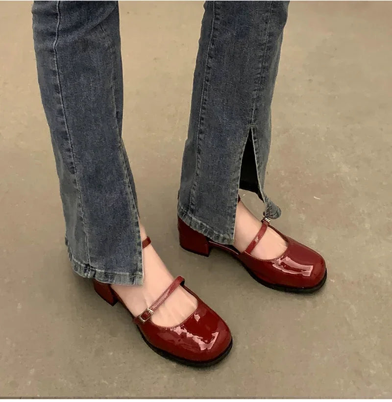 Buckle Pumps Women Elegant Shallow Hollow Thick Heel Casual Shoes