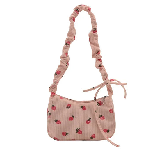 Corduroy Handbag Cute Strawberry Print Little Tote Half Moon Design Eco Cloth Purse