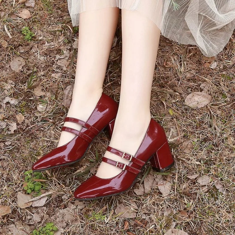 Women Double Buckle Mary Janes Patent Leather Dress Shoes High Heels Pumps Retro