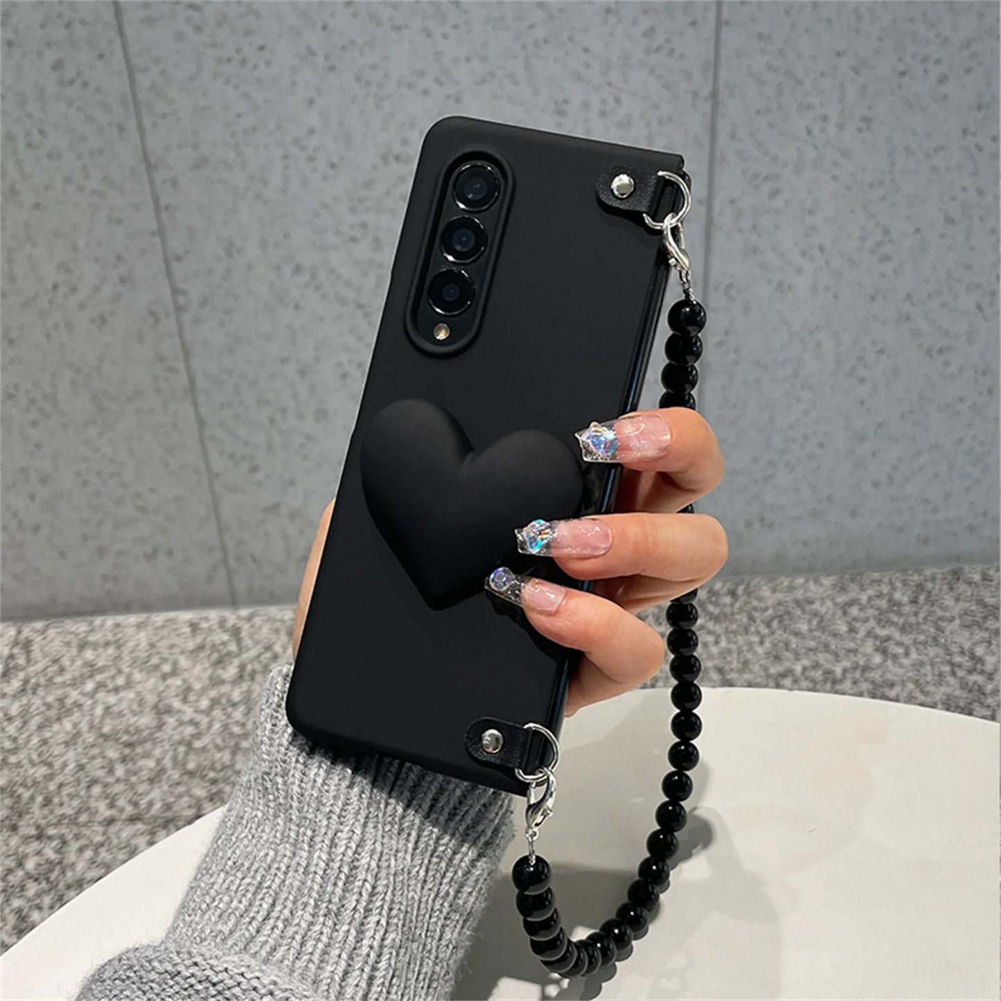 Black Beads Bracelet Chain 3D Love Heart Case for Samsung Galaxy Z Fold