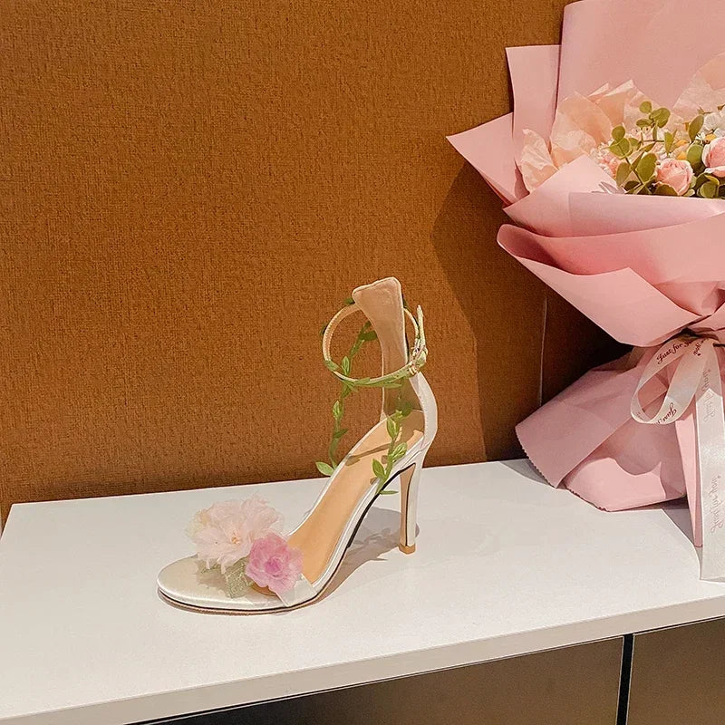 Summer Pink Sweet Chiffon Flower Dream High Heels Lace up Sandals Wedding Banquet