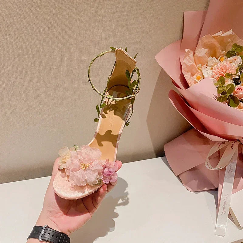 Summer Pink Sweet Chiffon Flower Dream High Heels Lace up Sandals Wedding Banquet