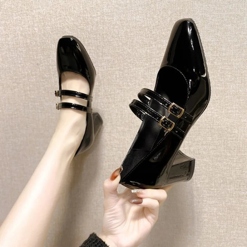 Women Double Buckle Mary Janes Patent Leather Dress Shoes High Heels Pumps Retro