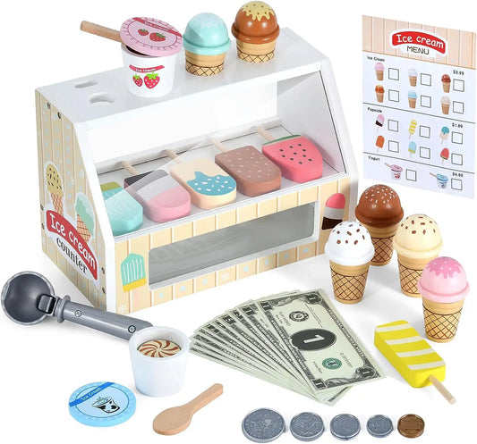 Wooden Ice Cream Counter Playset for Toddler Toys