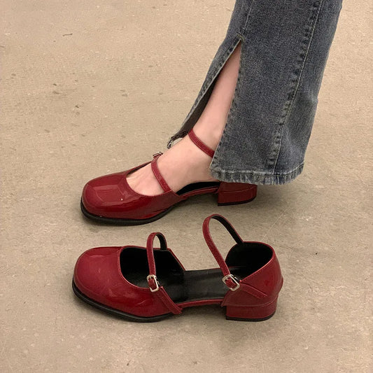 Buckle Pumps Women Elegant Shallow Hollow Thick Heel Casual Shoes