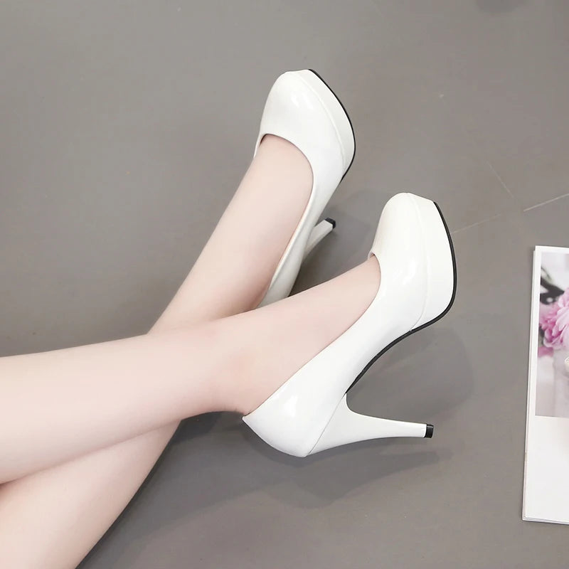Waterproof platform high heels patent leather sexy round toe stiletto wedding shoes