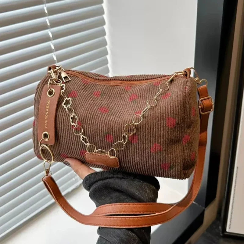Corduroy Handbag Cute Strawberry Print Little Tote Half Moon Design Eco Cloth Purse