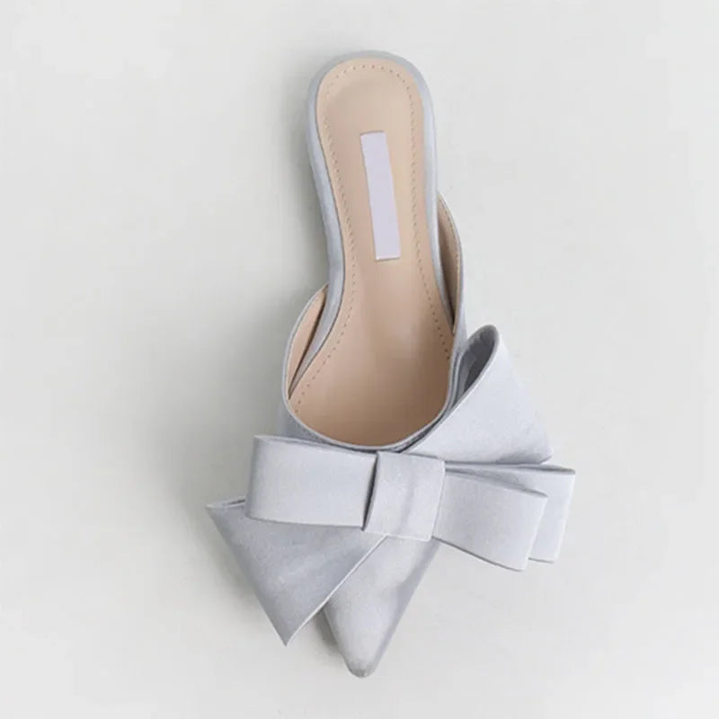 Women's Shoes Korean Silk Satin Pointed Bow Tie Slippers Baotou Flat Heel