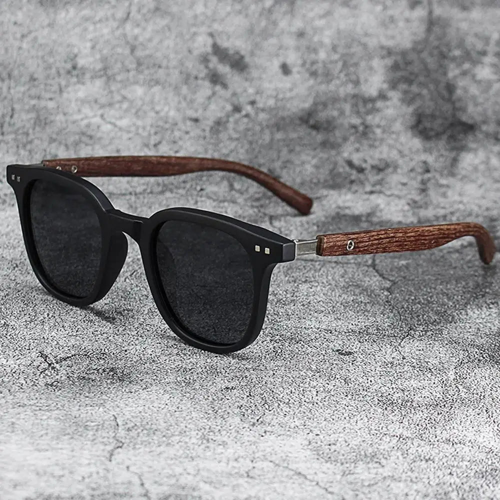 Trendy Retro Wood Grain Sunglasses Square Frame UV Protection