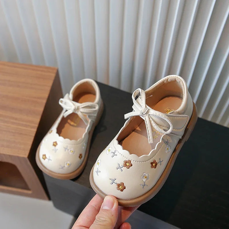 Toddler Girl's Flower Vintage Ruffles Beige Brown Kids Leather Shoe