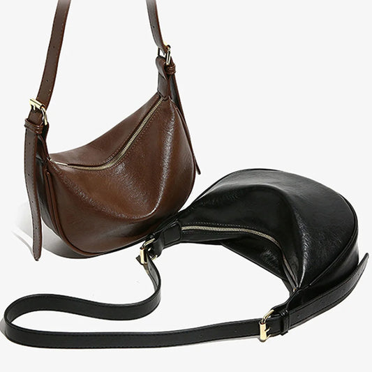 Crossbody Vintage Leather Crescent Bag, Solid Color PU Leather Dumpling