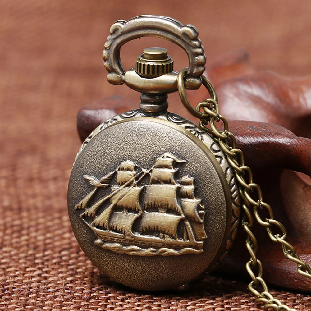 Vintage Bronze Retro Bronze Sailboat Design Small Size Quartz Pocket Watch