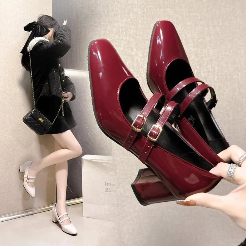 Women Double Buckle Mary Janes Patent Leather Dress Shoes High Heels Pumps Retro
