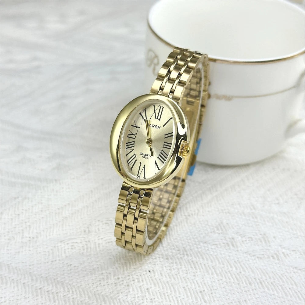 Vintage Women Roman Scale Classic Oval Dial Watch Simple Steel