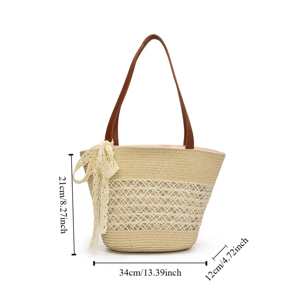 Shoulder Bag Sweet Woven Tote Bag Breathable Lace Ribbon Stripe