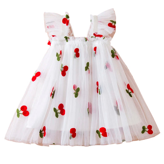 Little Flying Sleeve Dress Children's Bow Strawberry Embroidery