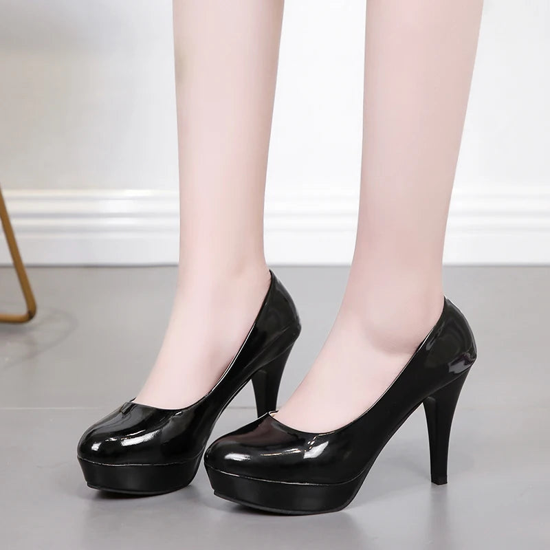 Waterproof platform high heels patent leather sexy round toe stiletto wedding shoes
