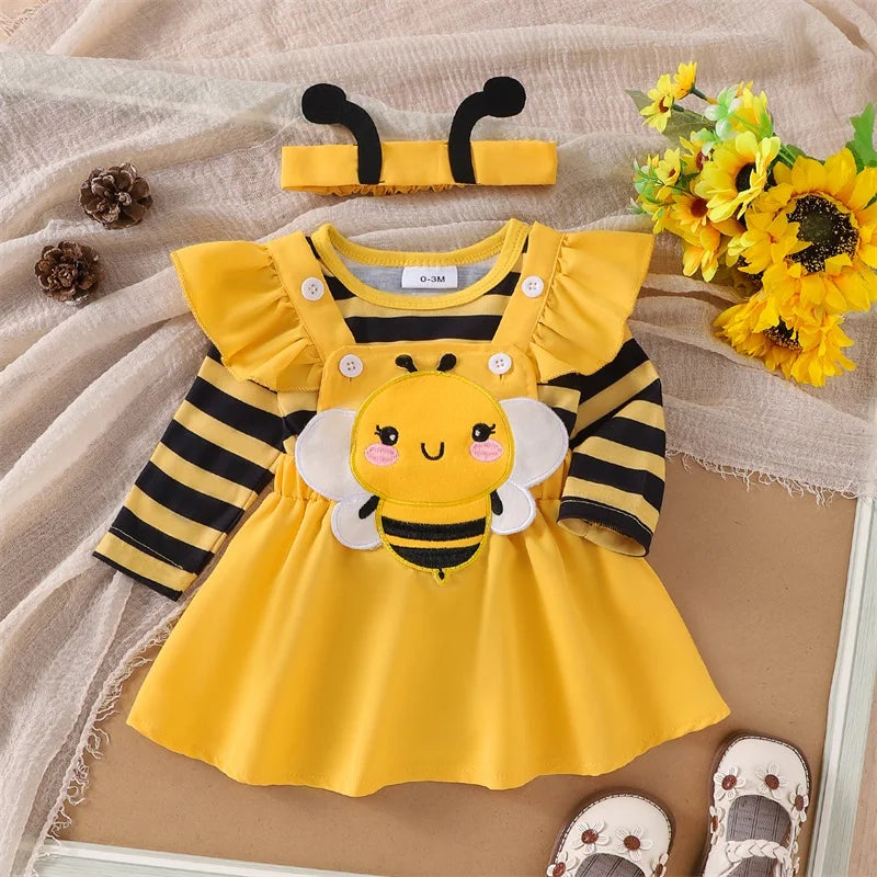 Autumn Skirt Sets Flying Sleeve Romper Bee Beetle Embroidery
